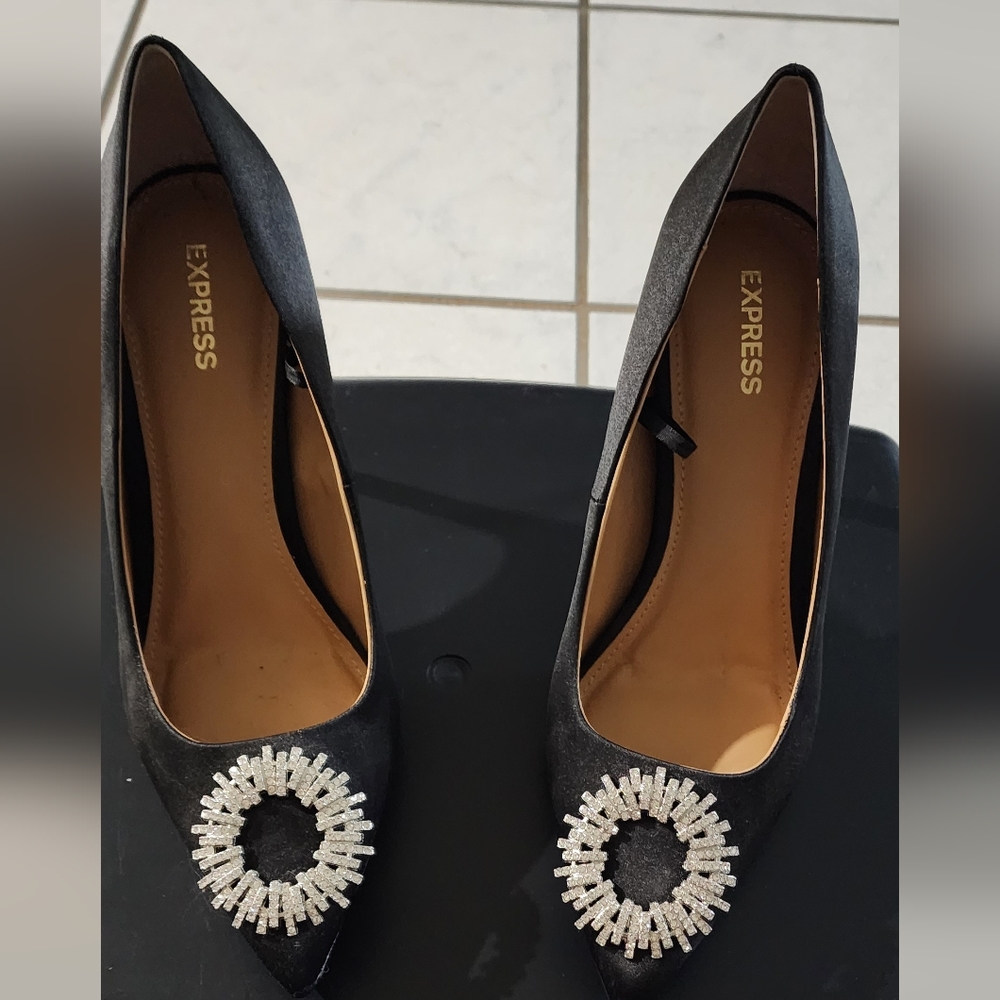 Express black heels with rhinestone decal